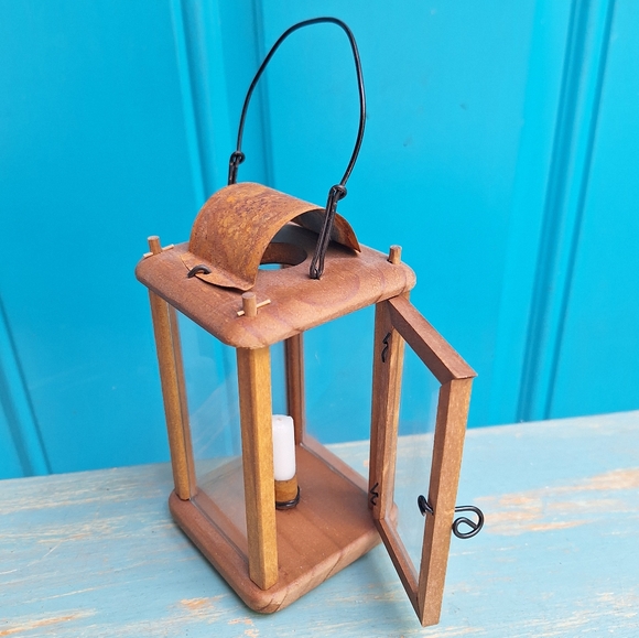 Lantern Wooden Primitive Handmade Hanging Candle Holder with Metal Small Little - Picture 16 of 17